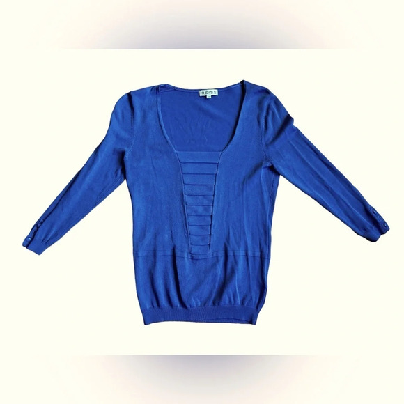 Reiss Blue Cropped Sleeve Knitwear Longsleeve Pleated Front Cali Size S - Picture 1 of 12